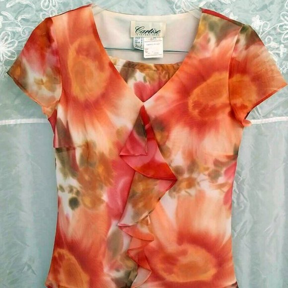 SALE! Chiffon Set: Floral Maxi Skirt & Blouse, Pink & Coral, Wedding Guest, 8 - Picture 3 of 7